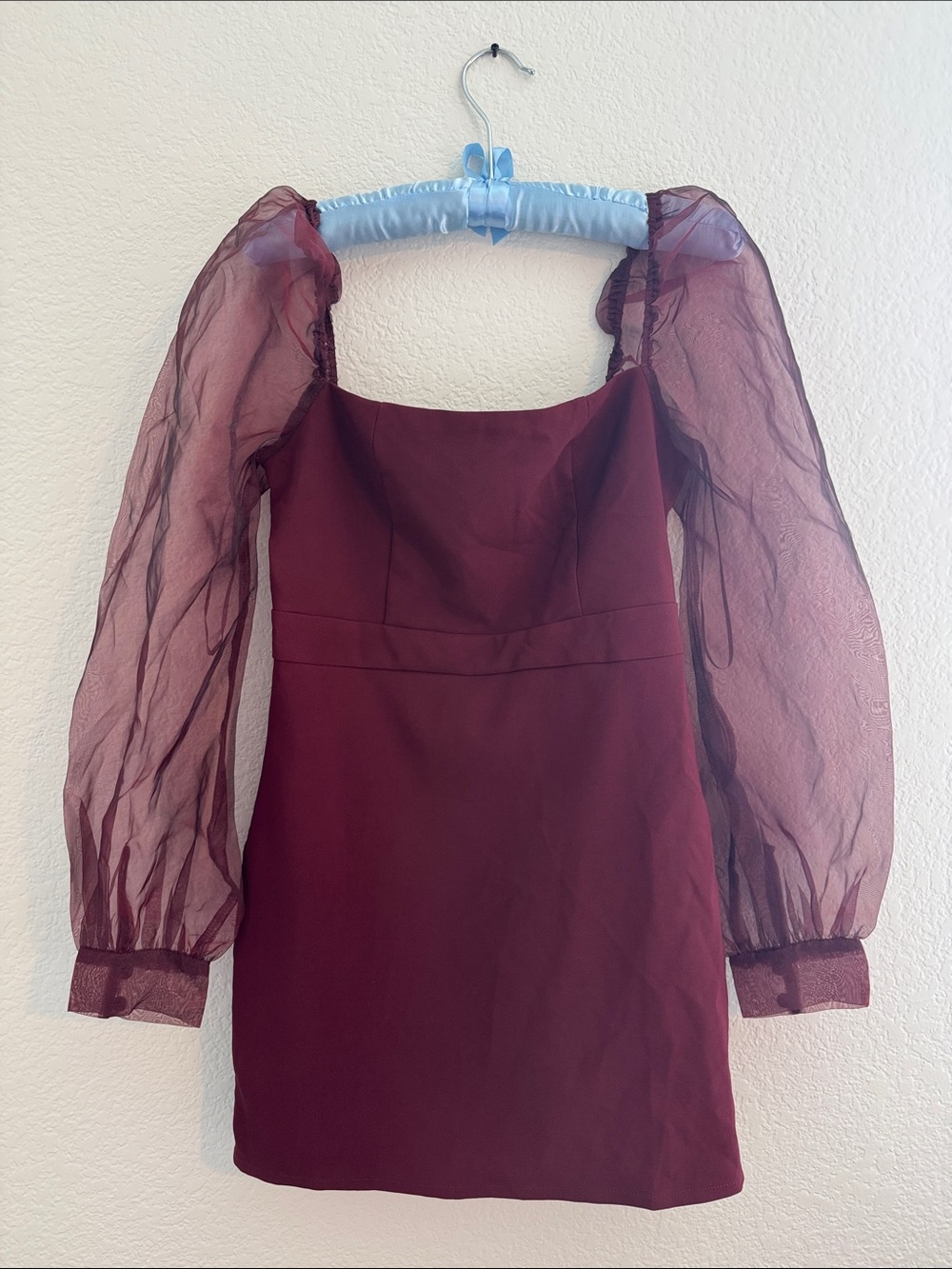 Fashion Nova Burgundy Square Neck Puff Sleeve Mini Dress